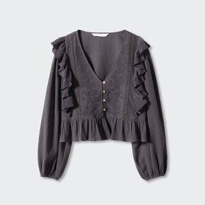 Mango Embroidered Ruffle Balloon Sleeve Blouse Boho Piratecore Poet Charcoal L